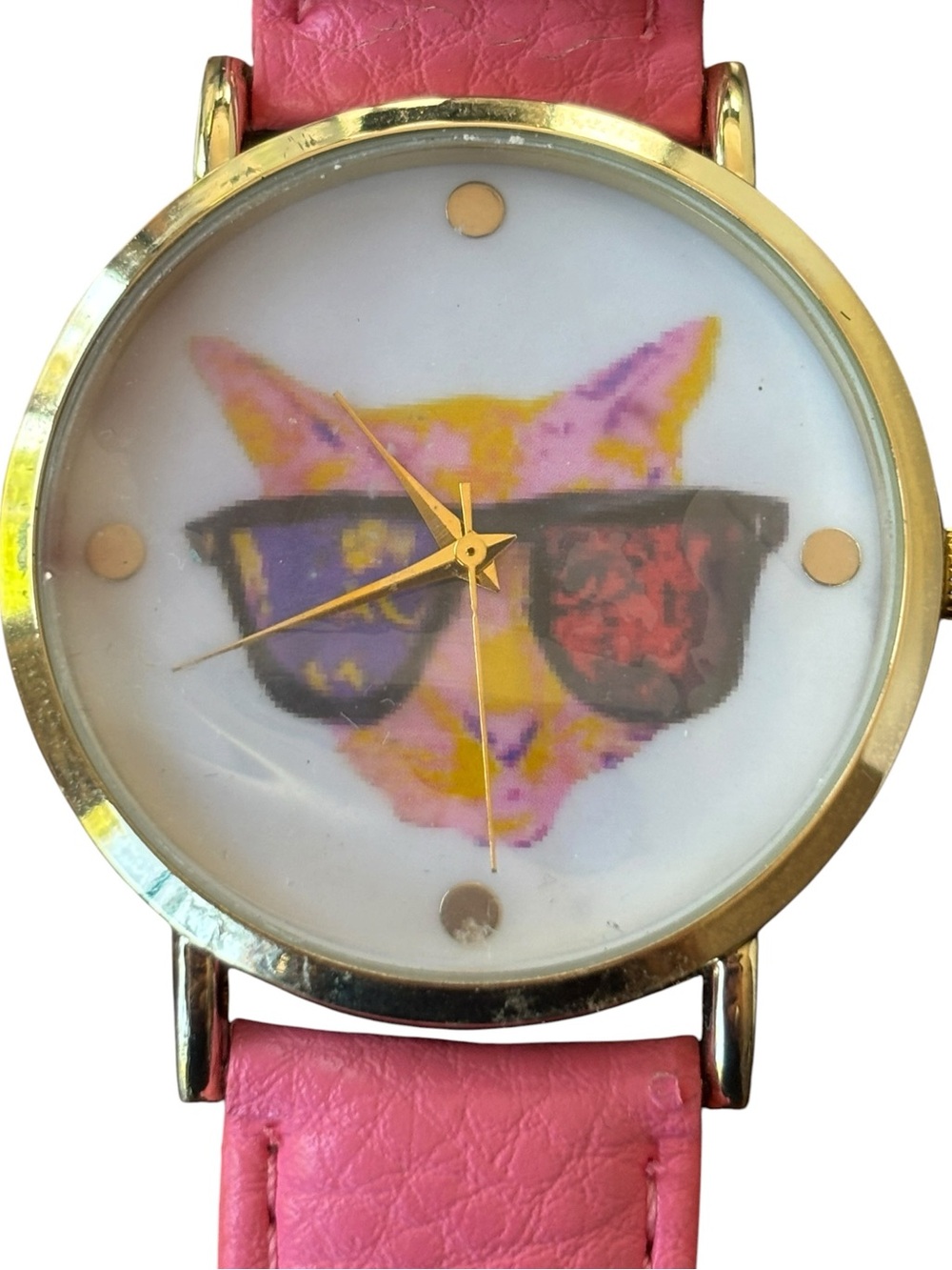 Geneva Cat Sunglasses Watch Pink Leather Strap Gold Tone Quartz